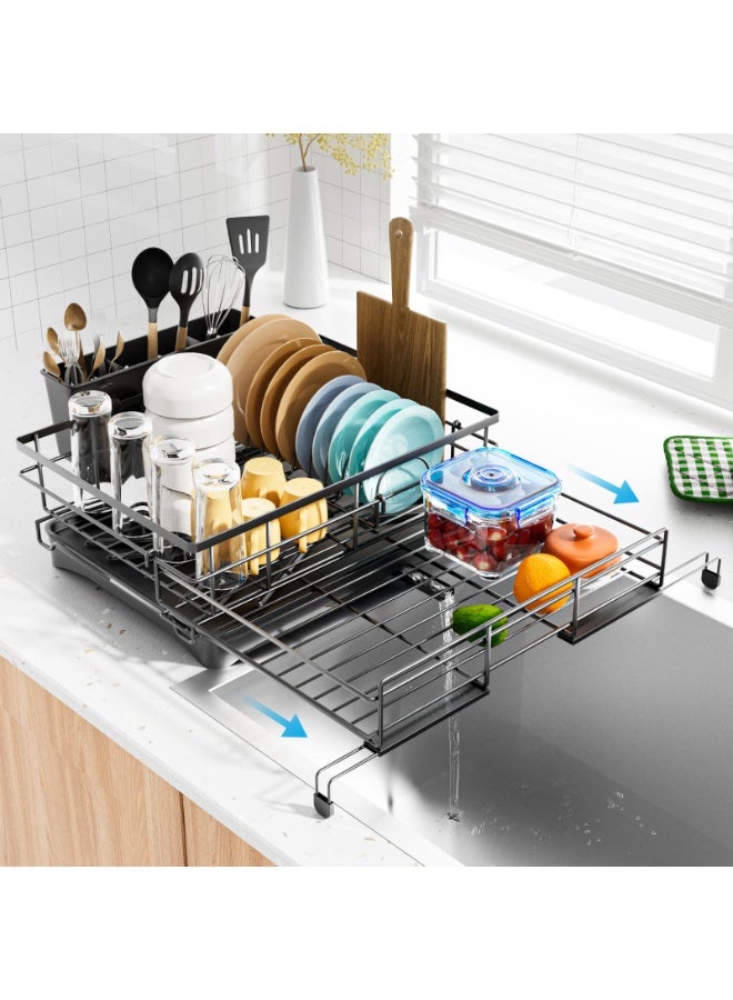 LODROC Extendable Dish Drying Rack,Large Drying Dish Drainer for Kitchen Counter, Stainless Steel Dish Strainer with Utensil Rack and Adjustable Feet for Sink (Black) - Image 1